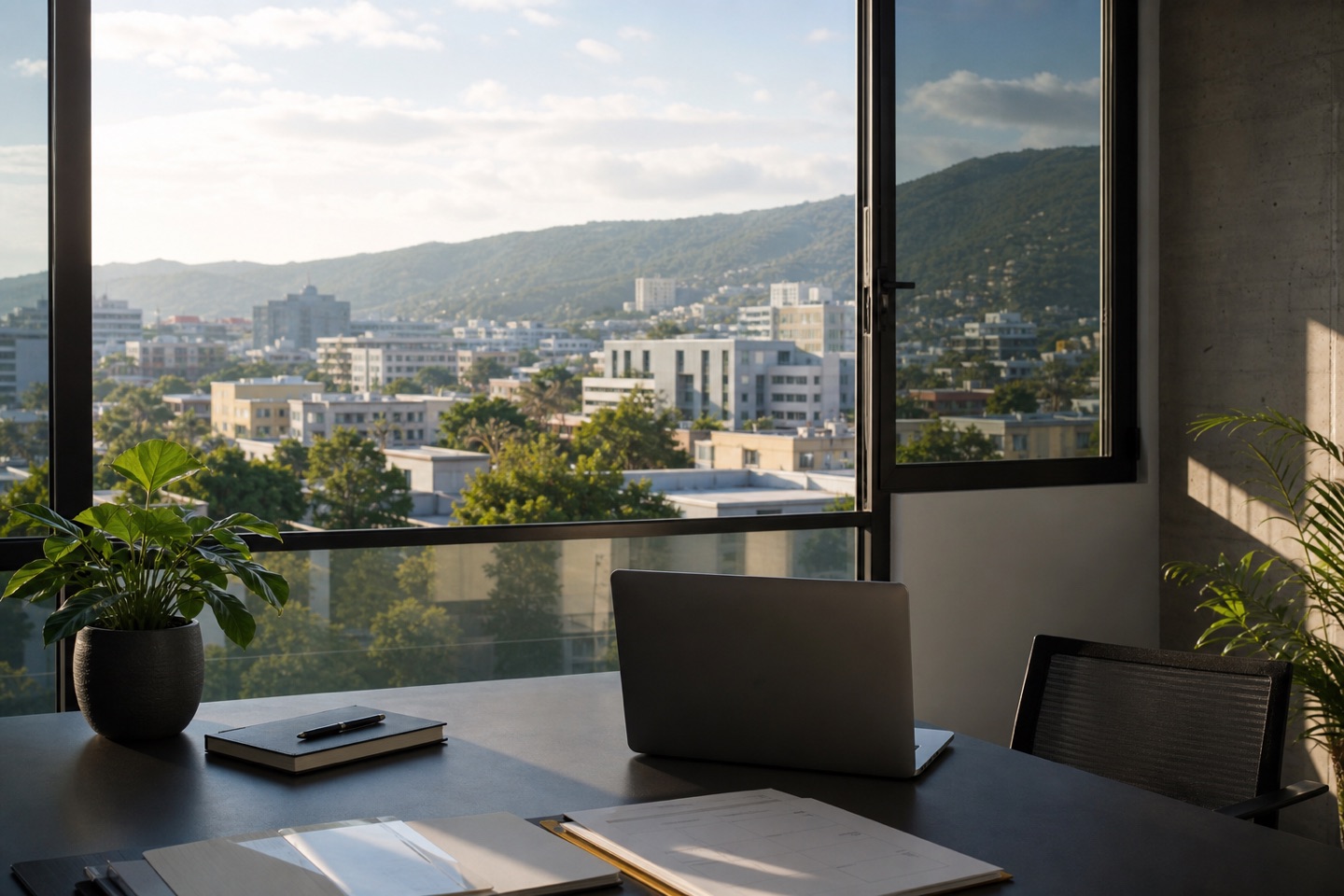 A practical modern workspace overlooking a Jamaican urban landscape and green hills.