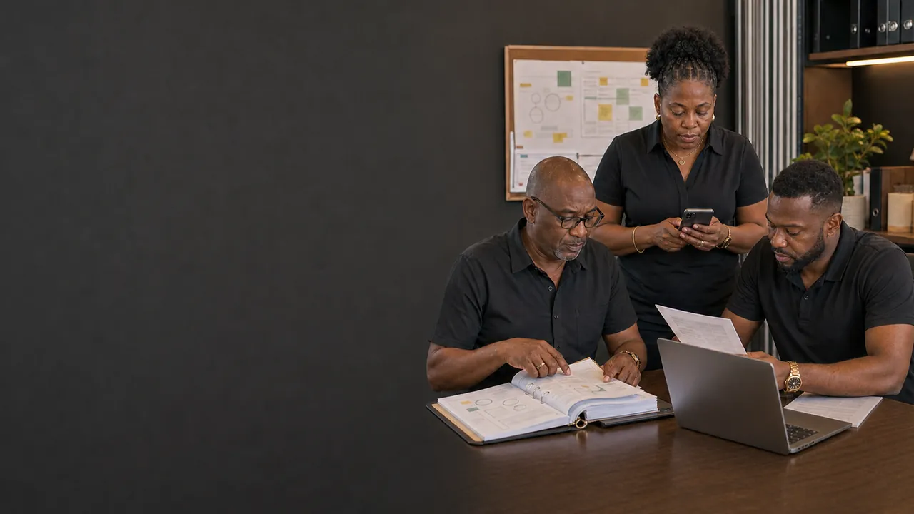A Jamaican business team comparing operational information across digital and paper records.