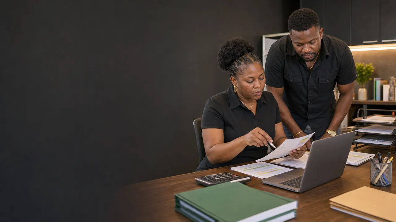A Jamaican business administrator reviewing invoice-status records and payment follow-up without visible private financial details.
