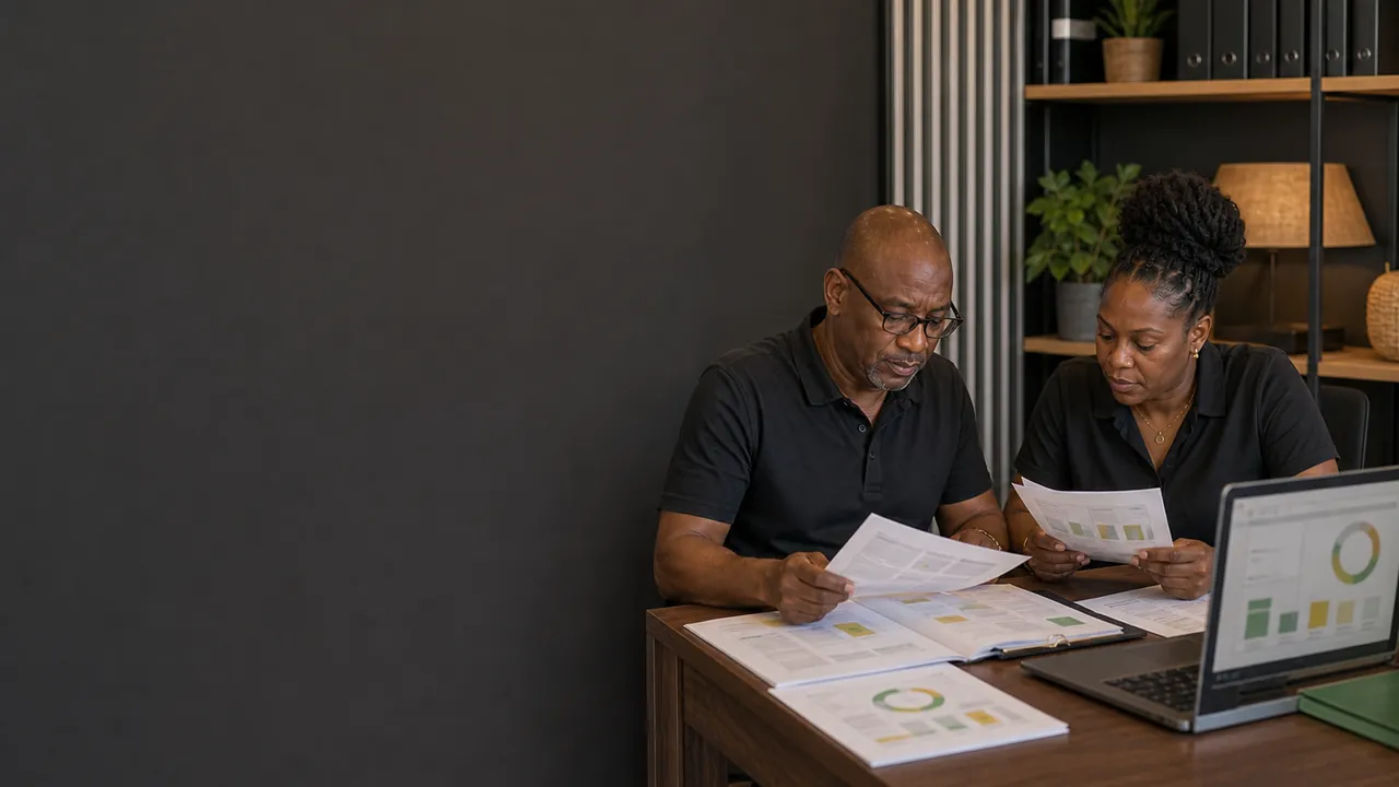 A Jamaican manager and operations employee reviewing current business reporting without visible private data.