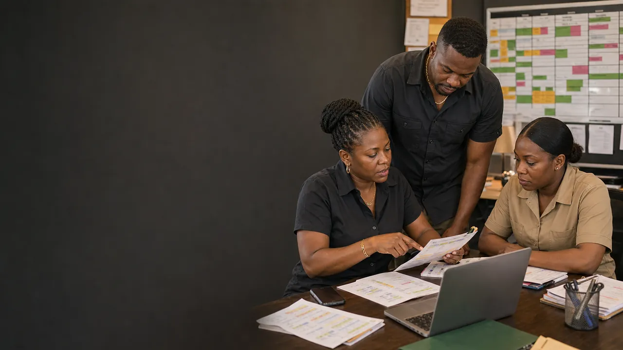 An operations coordinator reviewing staff availability and shift changes with employees in a Jamaican workplace.