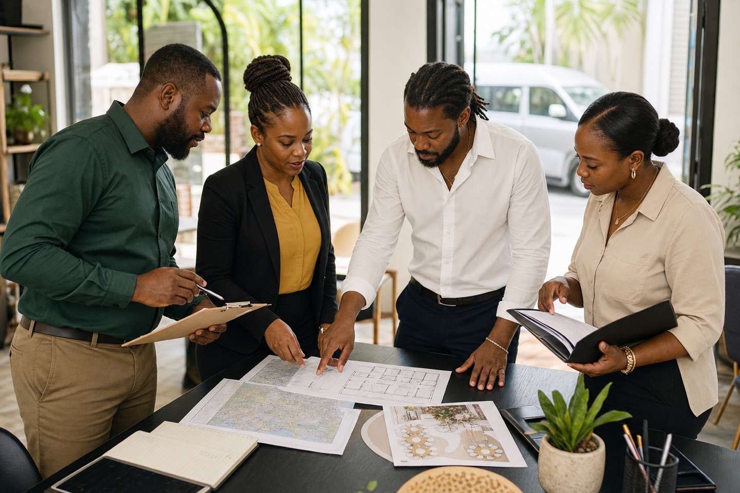 Jamaican professionals from different service industries comparing routes, property plans, event layouts and schedules.