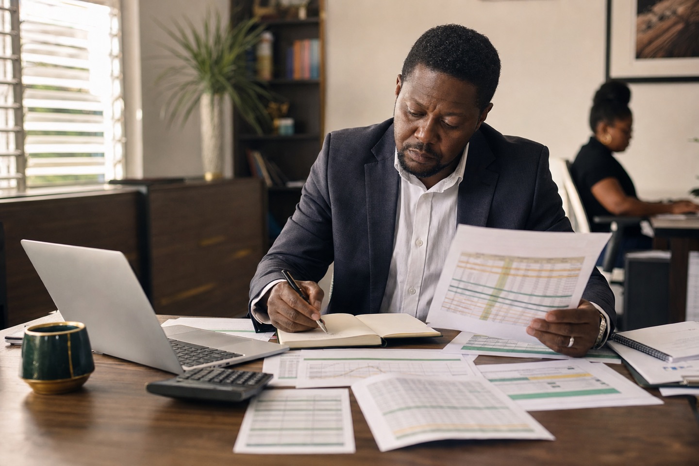 A business owner reviewing several spreadsheet reports and recording an operational issue.