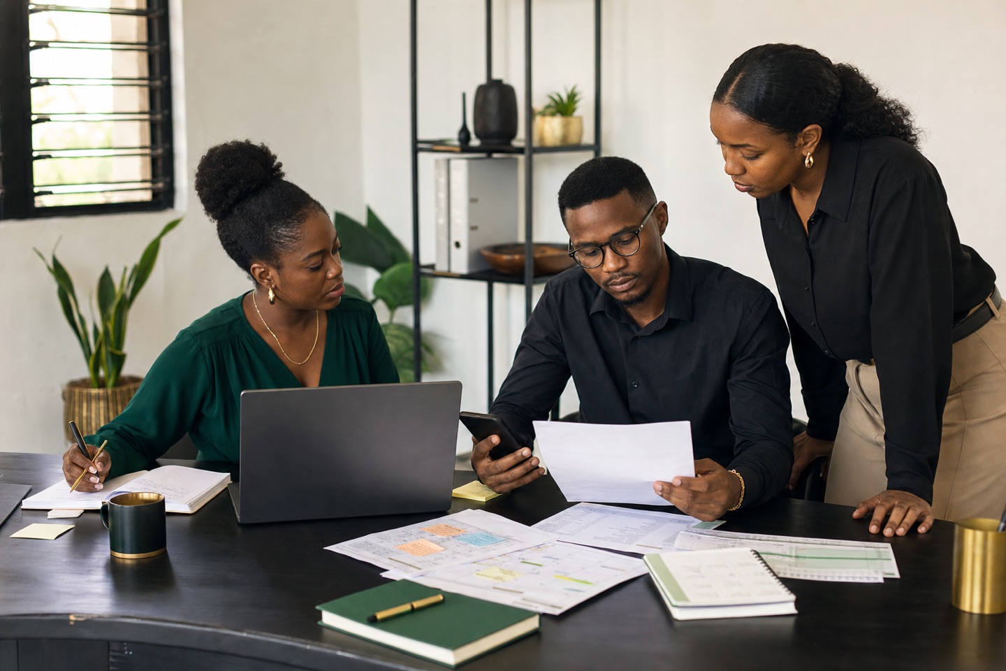 Three business professionals comparing information across a laptop, telephone, printed schedules and notes.