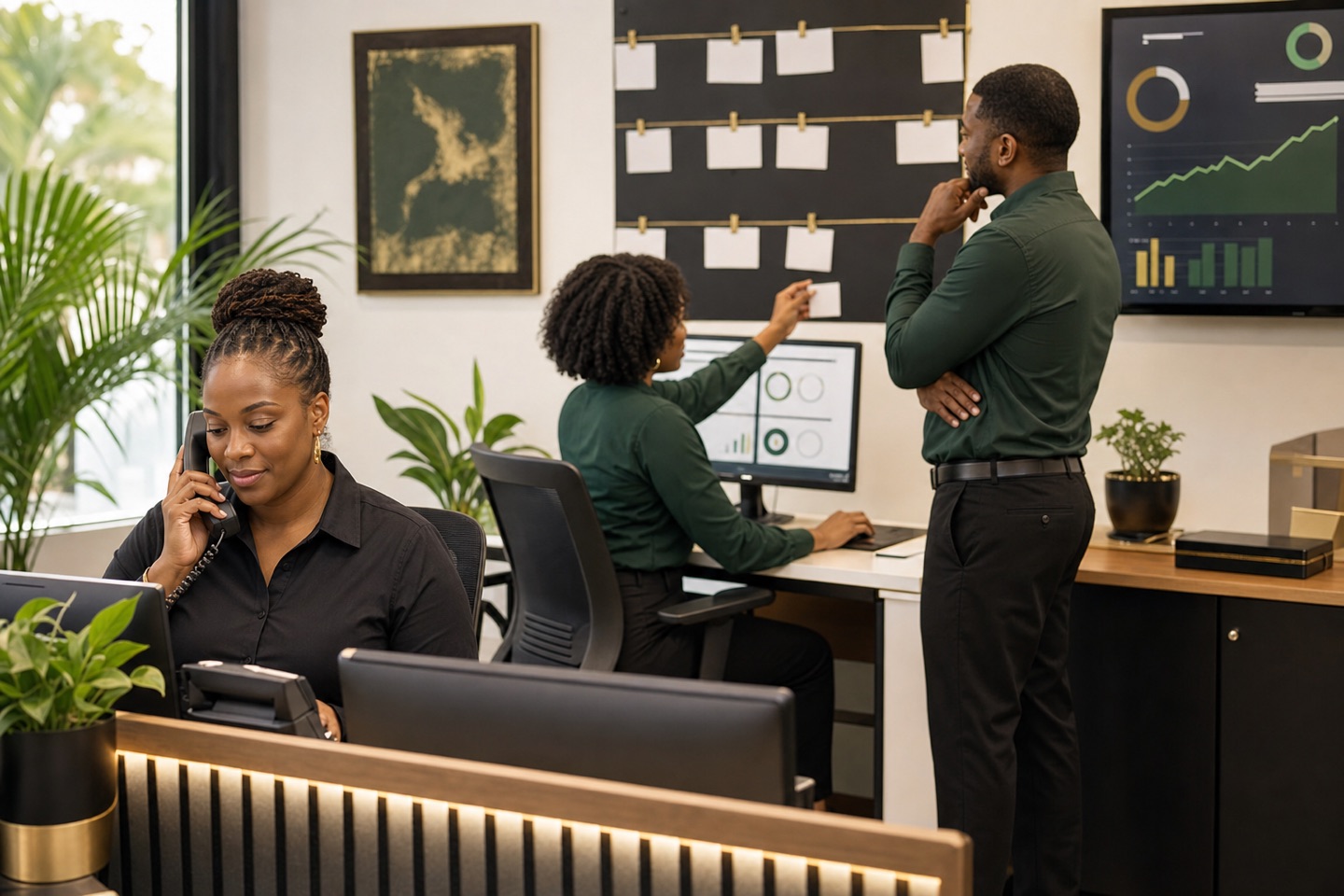 A service-business team connecting customer enquiries, operational coordination and management reporting.