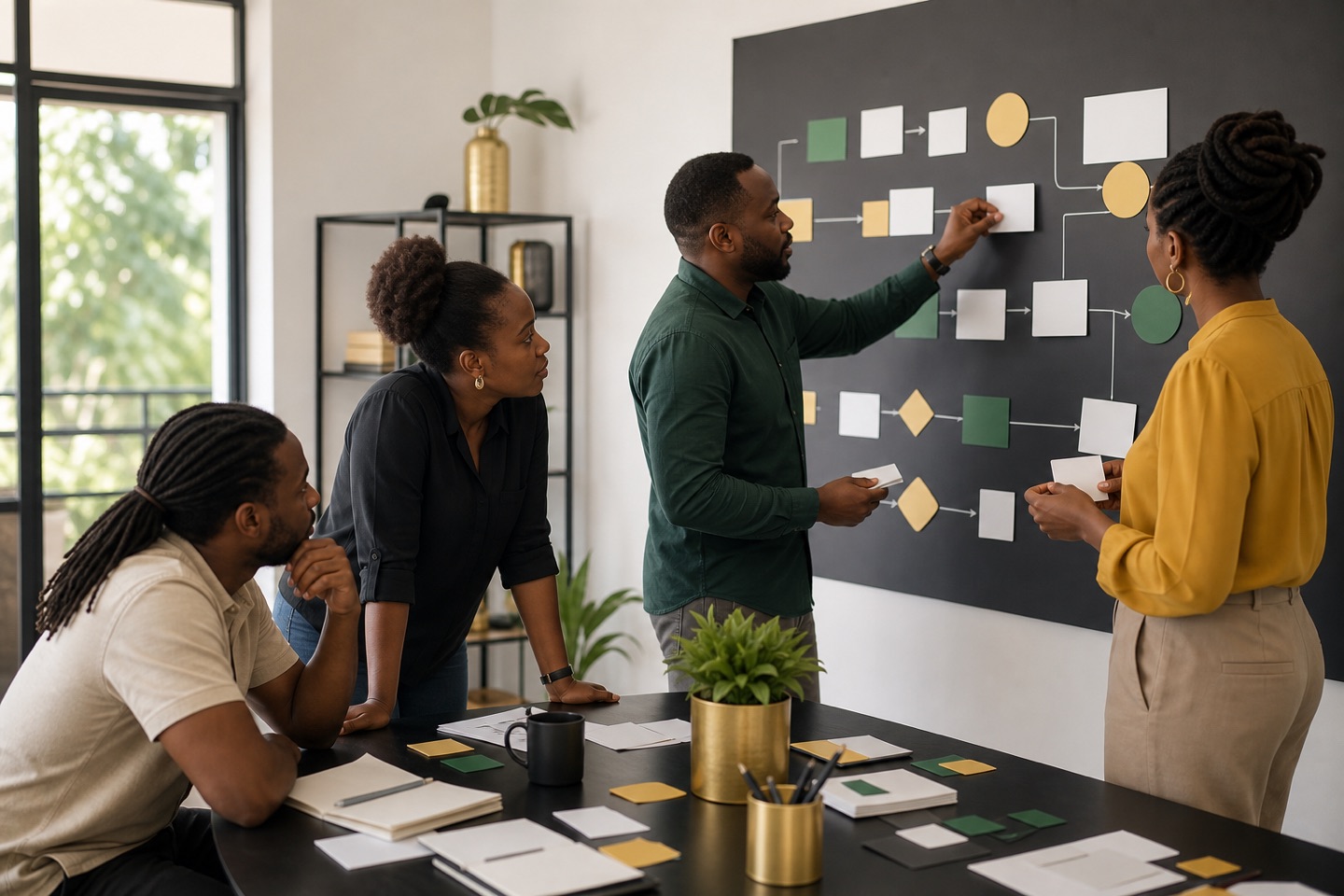 A business team mapping a workflow together on a structured process board.